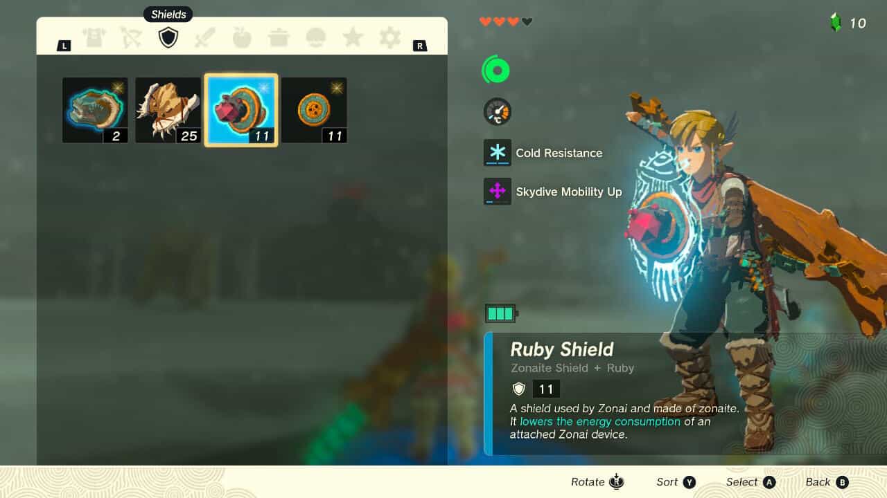 Tears of the Kingdom tips: Link equipping a Ruby Shield in his inventory.