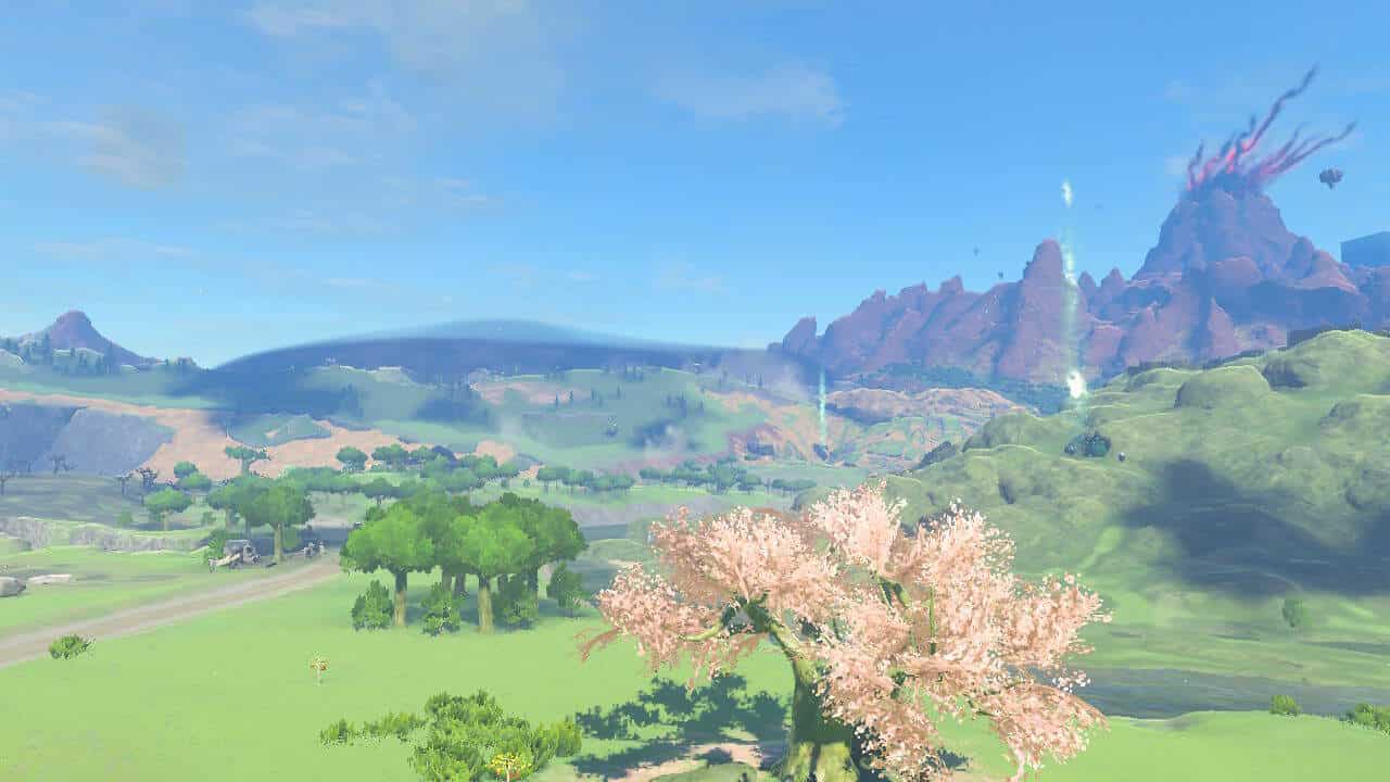 Tears of the Kingdom tips: A view of Hyrule with a cherry blossom tree in the foreground. In the background, beams of light emanate from the entrances of caves.