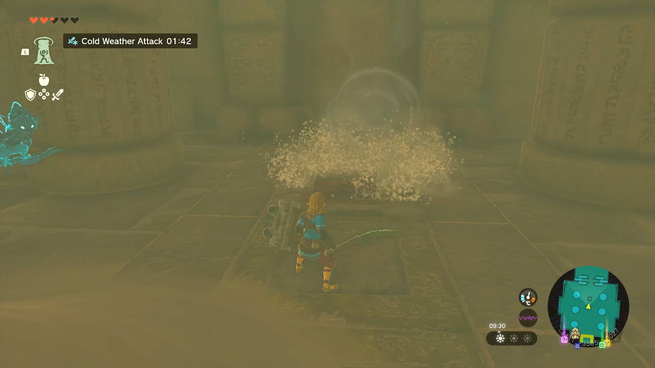 Tears of the Kingdom Lightning Temple walkthrough: Link blowing away a pile of sand with a Korok-Frond.