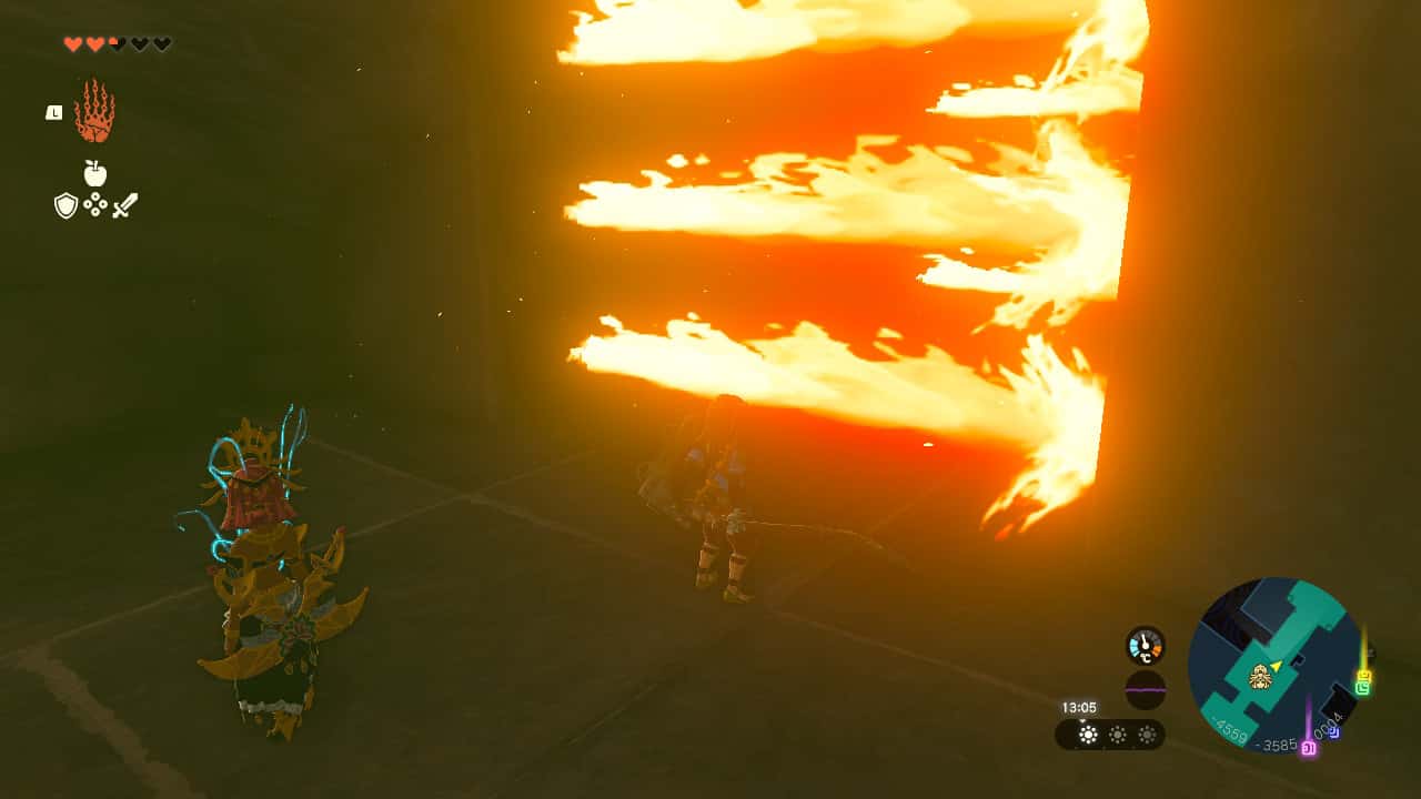 Tears of the Kingdom Lightning Temple walkthrough: Link and Riju stand next to a wall of three flamethrowers.