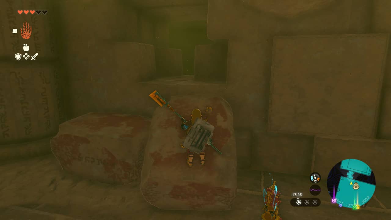 Tears of the Kingdom Lightning Temple walkthrough: Link standing on two large bricks next to a hole in the wall.