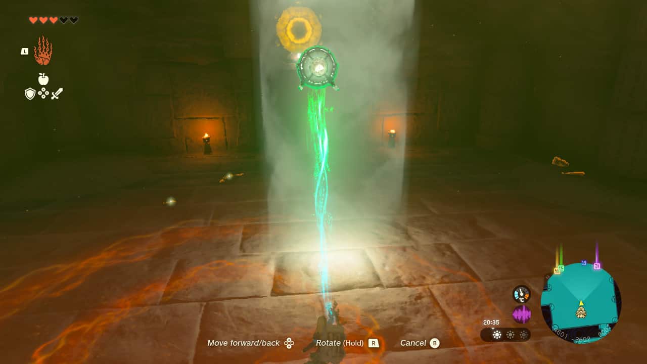 Tears of the Kingdom Lightning Temple walkthrough: Link using Ultrahand to hold a mirror in a beam of light.