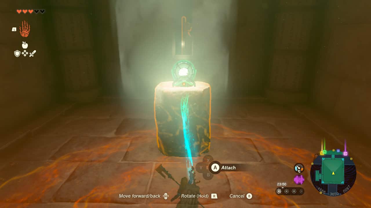 Tears of the Kingdom Lightning Temple walkthrough: Link using Ultrahand to place a mirror on an upright brick.