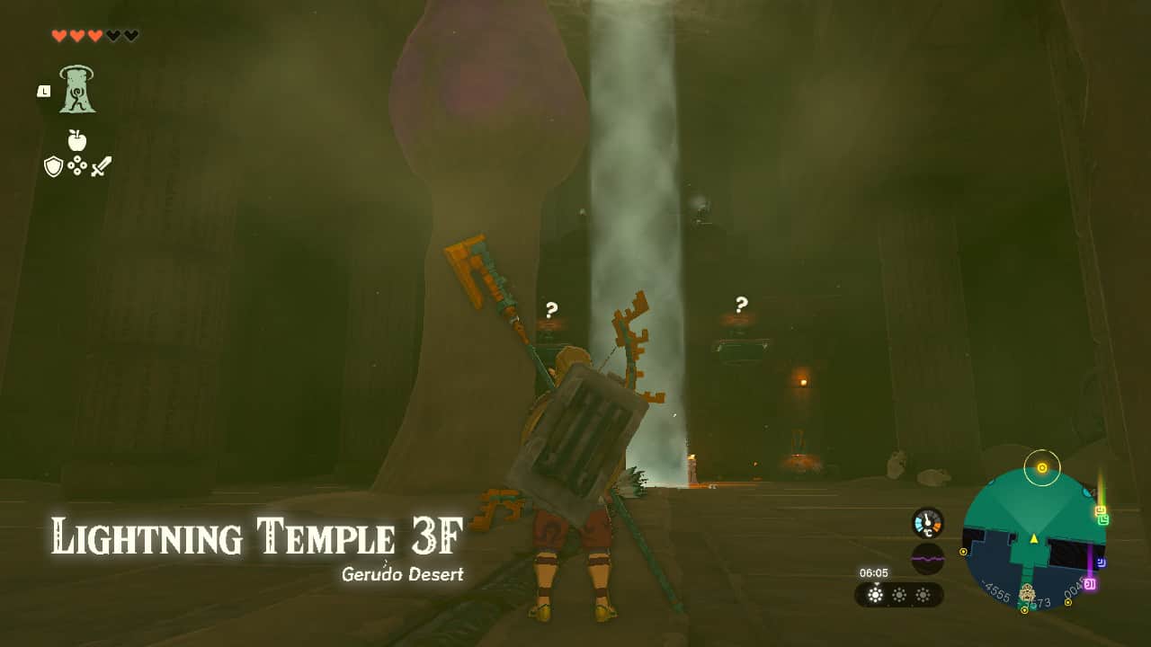 Tears of the Kingdom Lightning Temple walkthrough: Link in a large room. In front of him is a gibdo nest, a beam of light, and multiple Constructs.