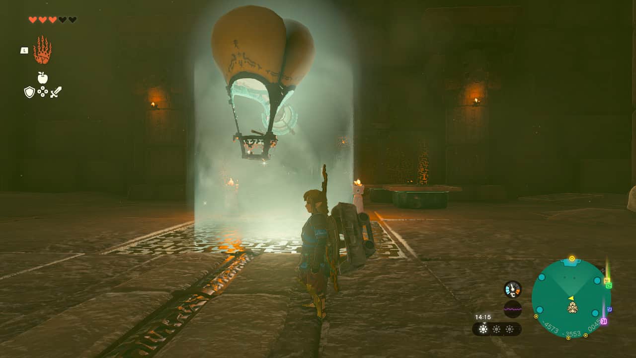 Tears of the Kingdom Lightning Temple walkthrough: A balloon with a mirror attached floating up through a beam of light.