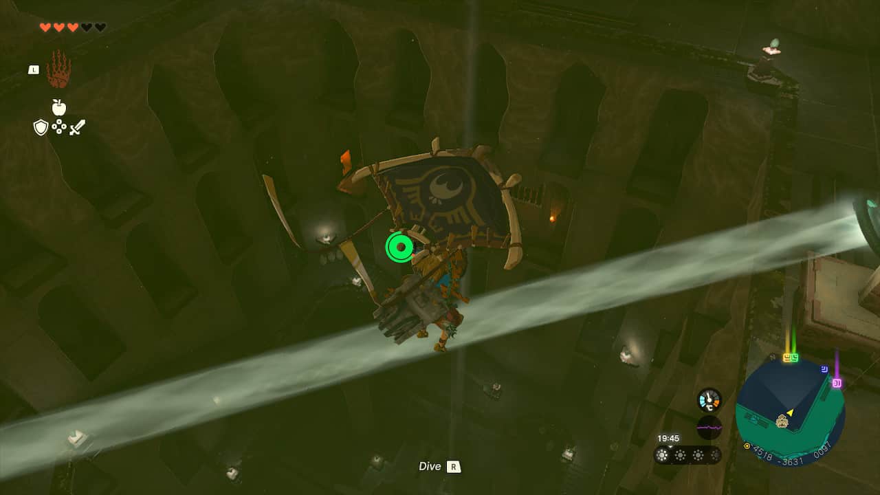 Tears of the Kingdom Lightning Temple walkthrough: Link gliding high up in the Room of Ascension. A beam of light shine underneath him.