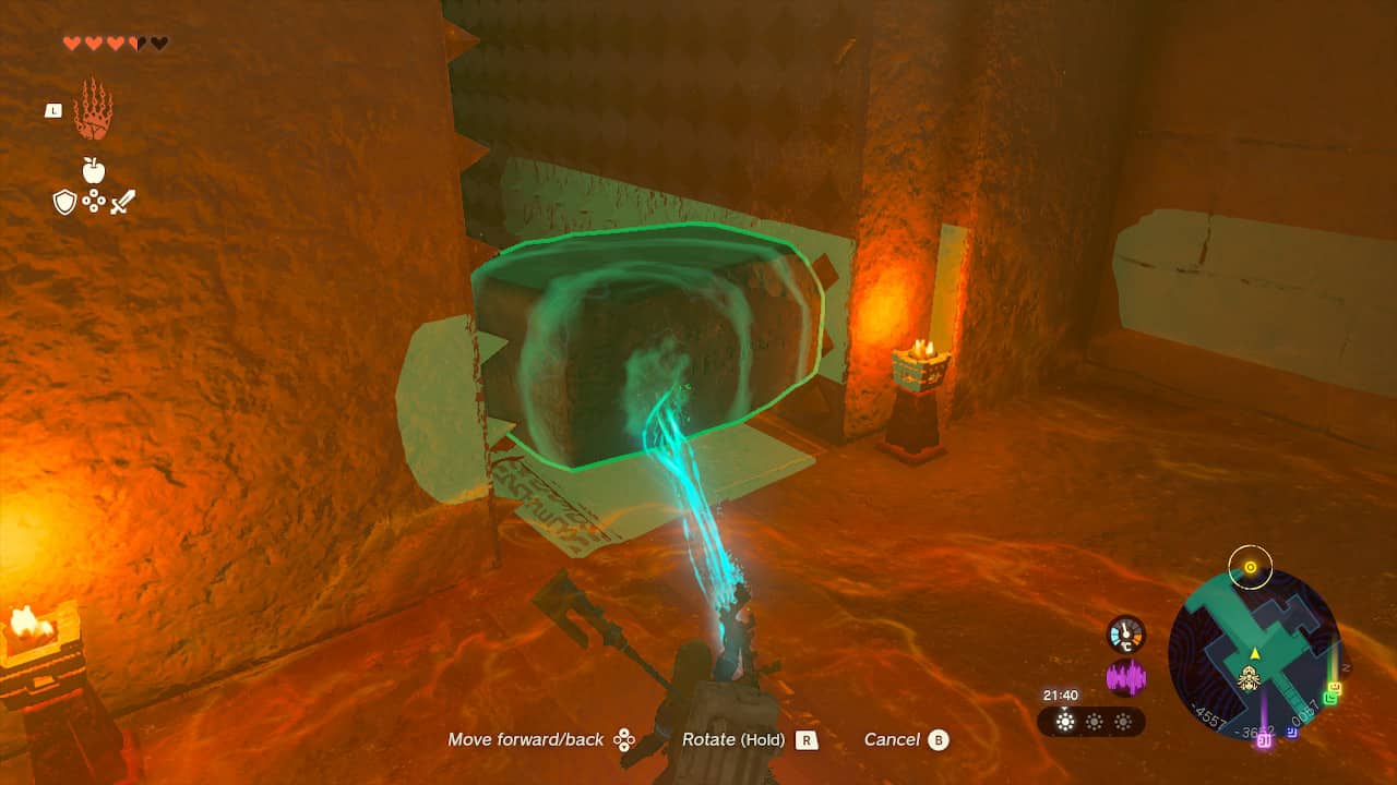 Tears of the Kingdom Lightning Temple walkthrough: Link placing a brick between two moving walls with spikes attached.