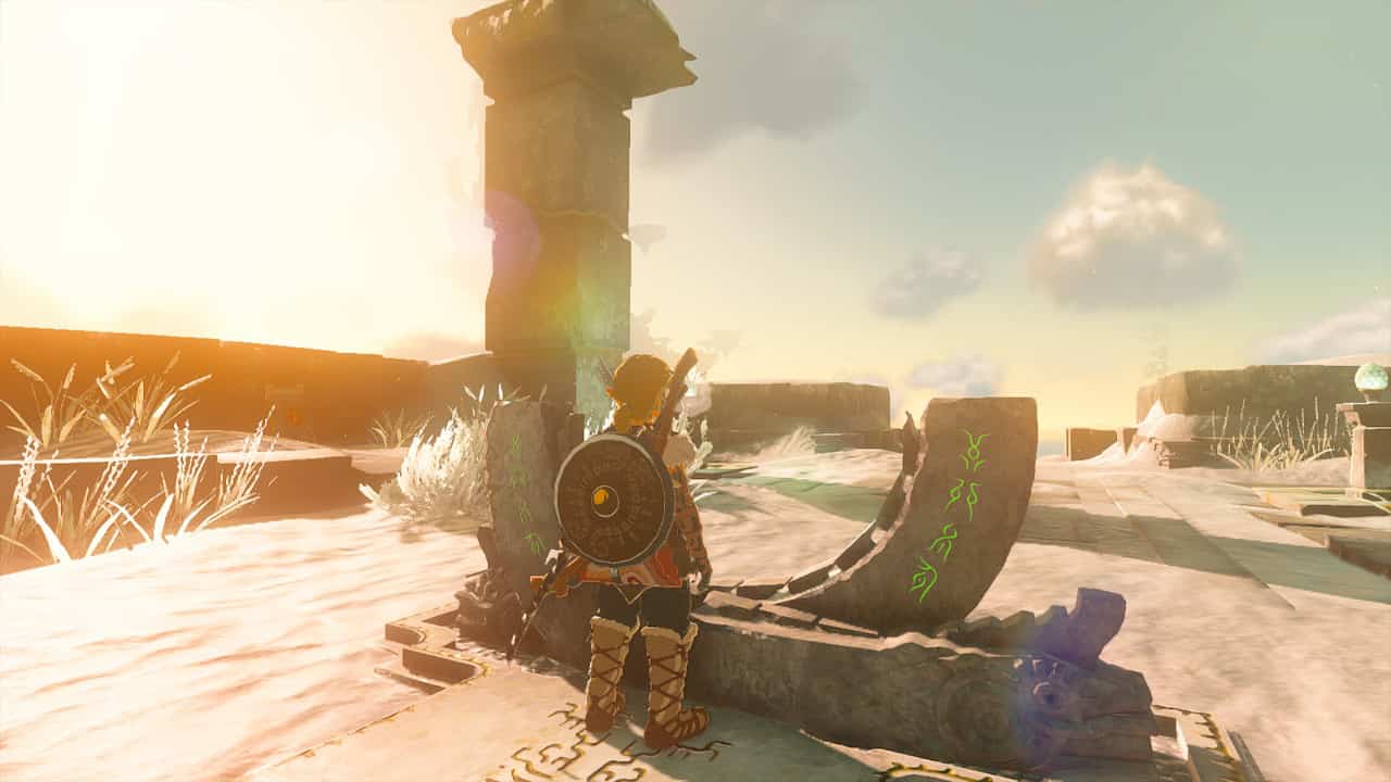 Tears of the Kingdom review: Link standing at an altar on a sky island.