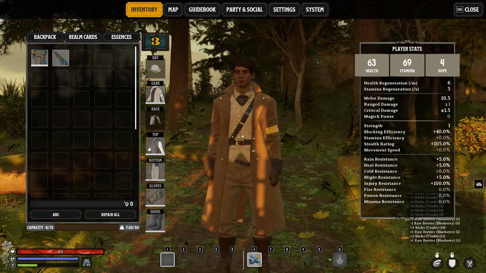 Nightingale character multiplayer - menu showing the character tab
