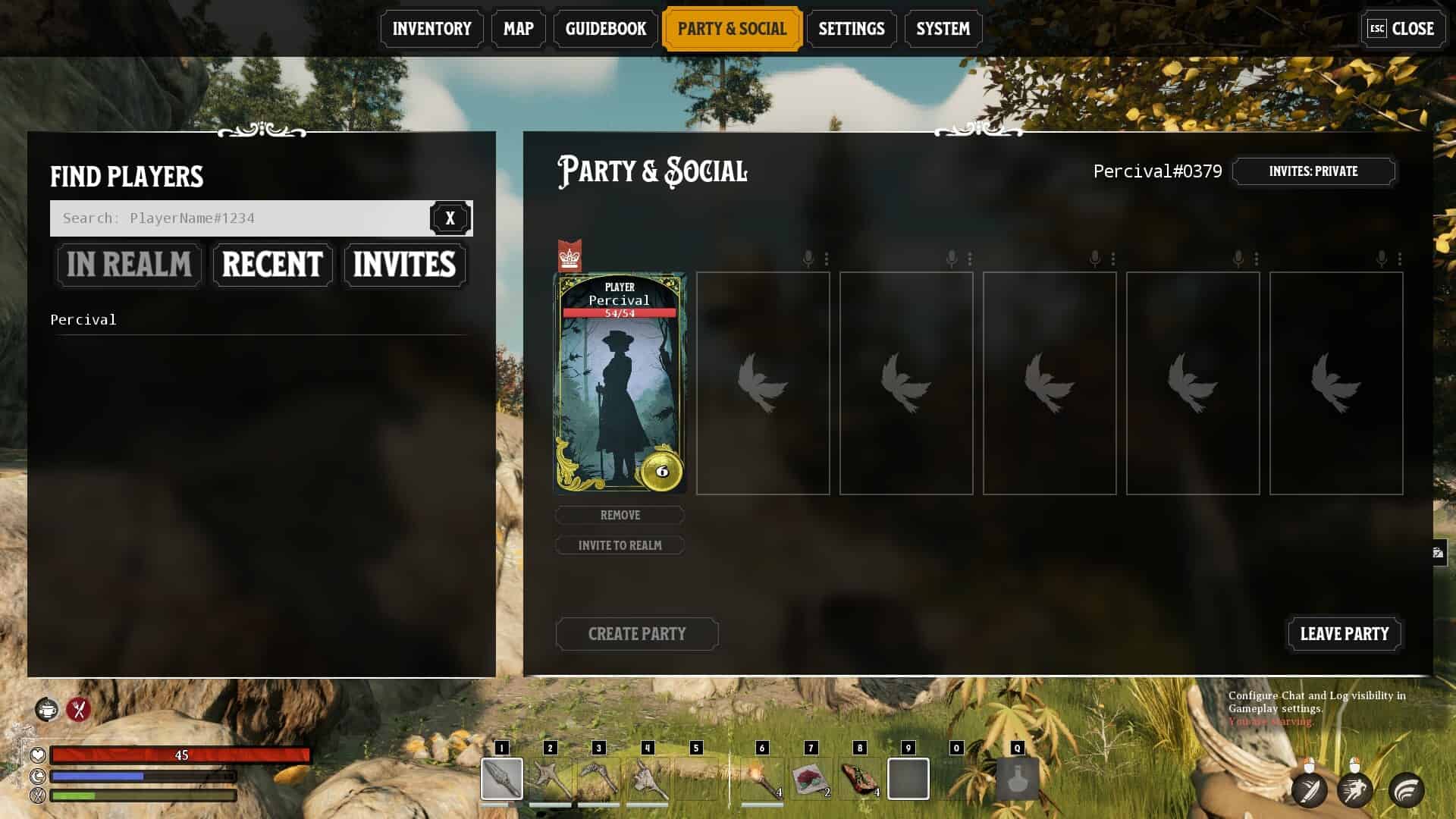 Nightingale character multiplayer - menu showing the Party and Social tab