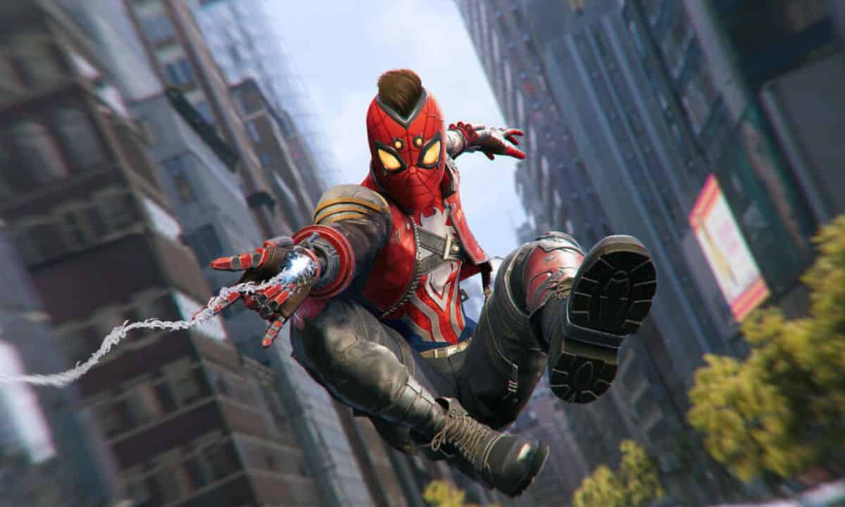Spider-Man, wearing one of the exclusive Spider-Man 2 Digital Deluxe suits, is seen elegantly jumping in the air over a cityscape.