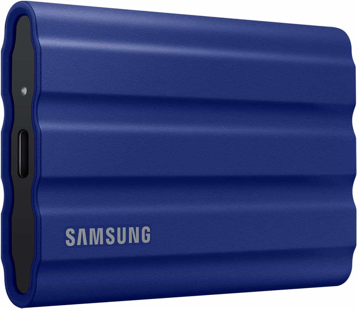 A blue Samsung T7 external hard drive with a shield.