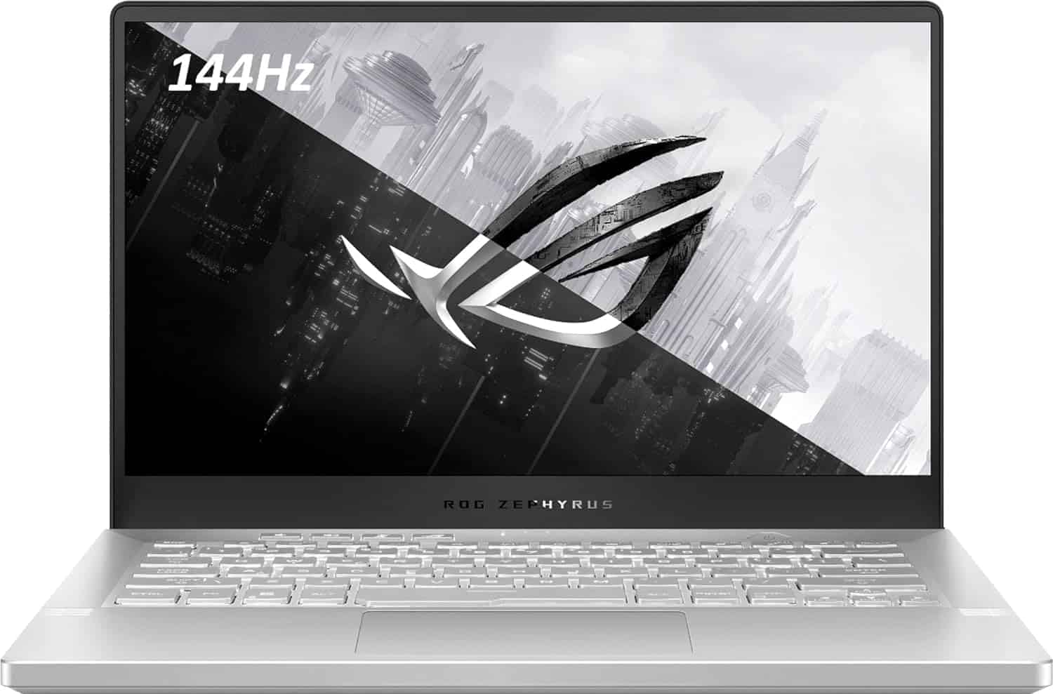 The asus rog laptop is open on a white background.