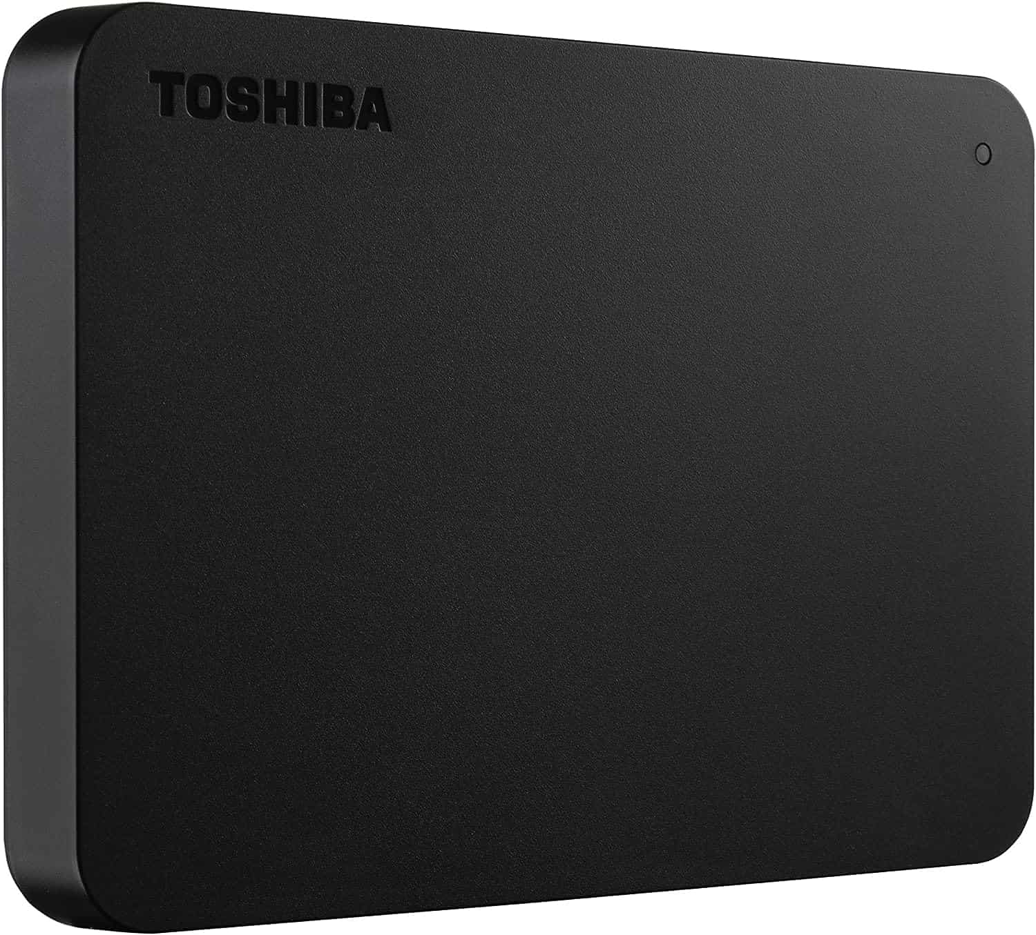 The Toshiba external hard drive is shown on a white background.