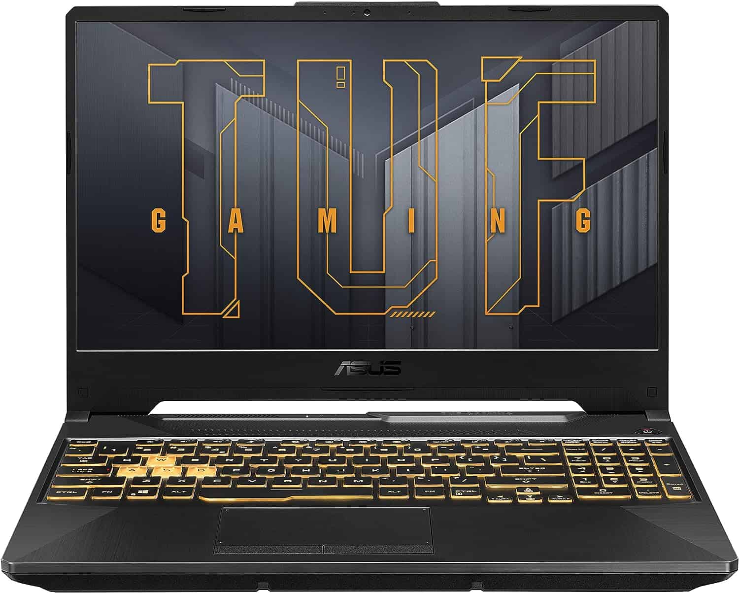 The ASUS TUF Gaming F15 laptop has a gold logo on it.