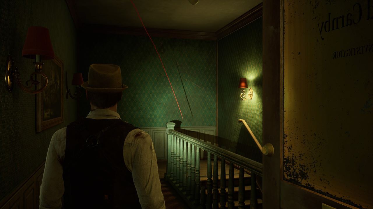 A man in a fedora, alone in the dark, exploring a dimly lit hallway with laser beams crisscrossing the path.