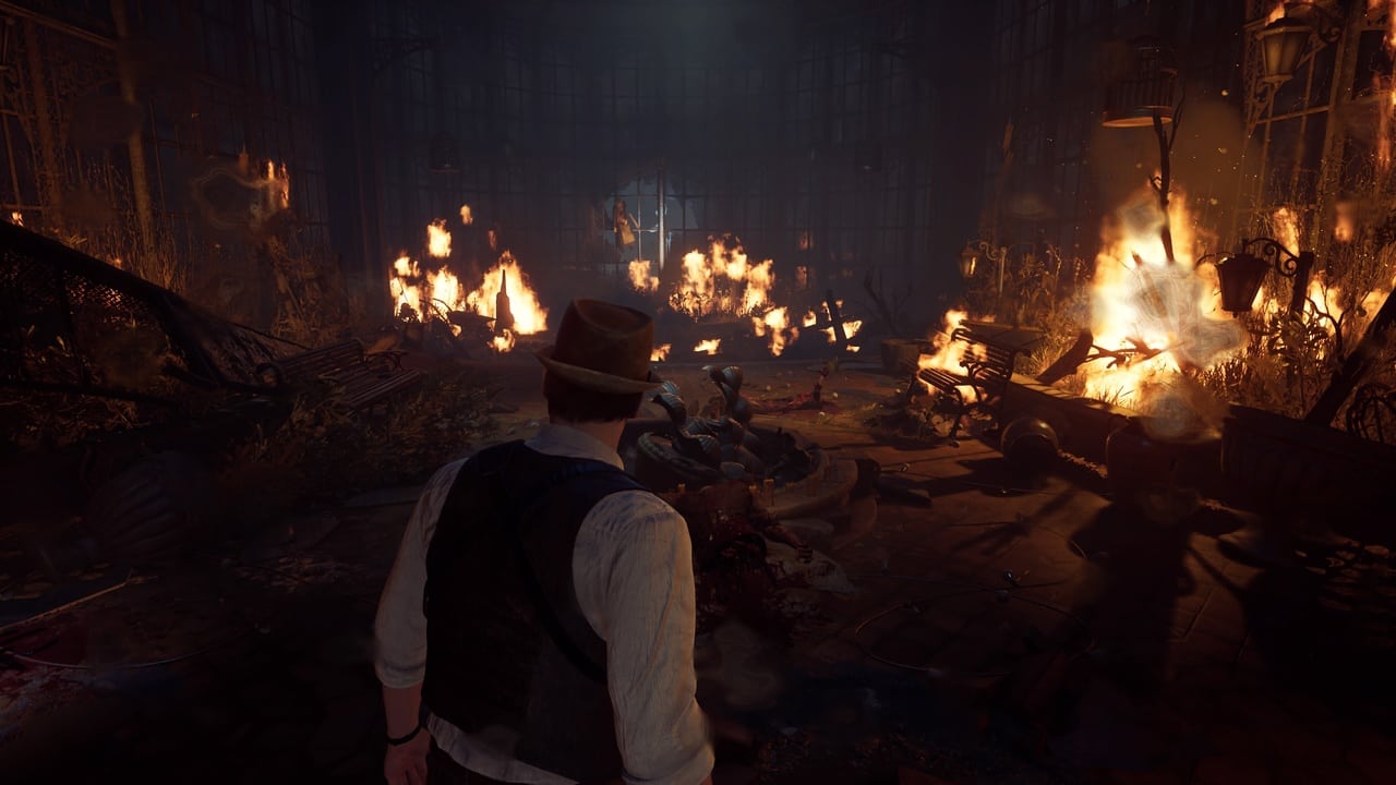 A character in vintage attire observes a chaotic scene with fires and destruction inside a grand, dimly-lit room, reminiscent of "Alone in the Dark.