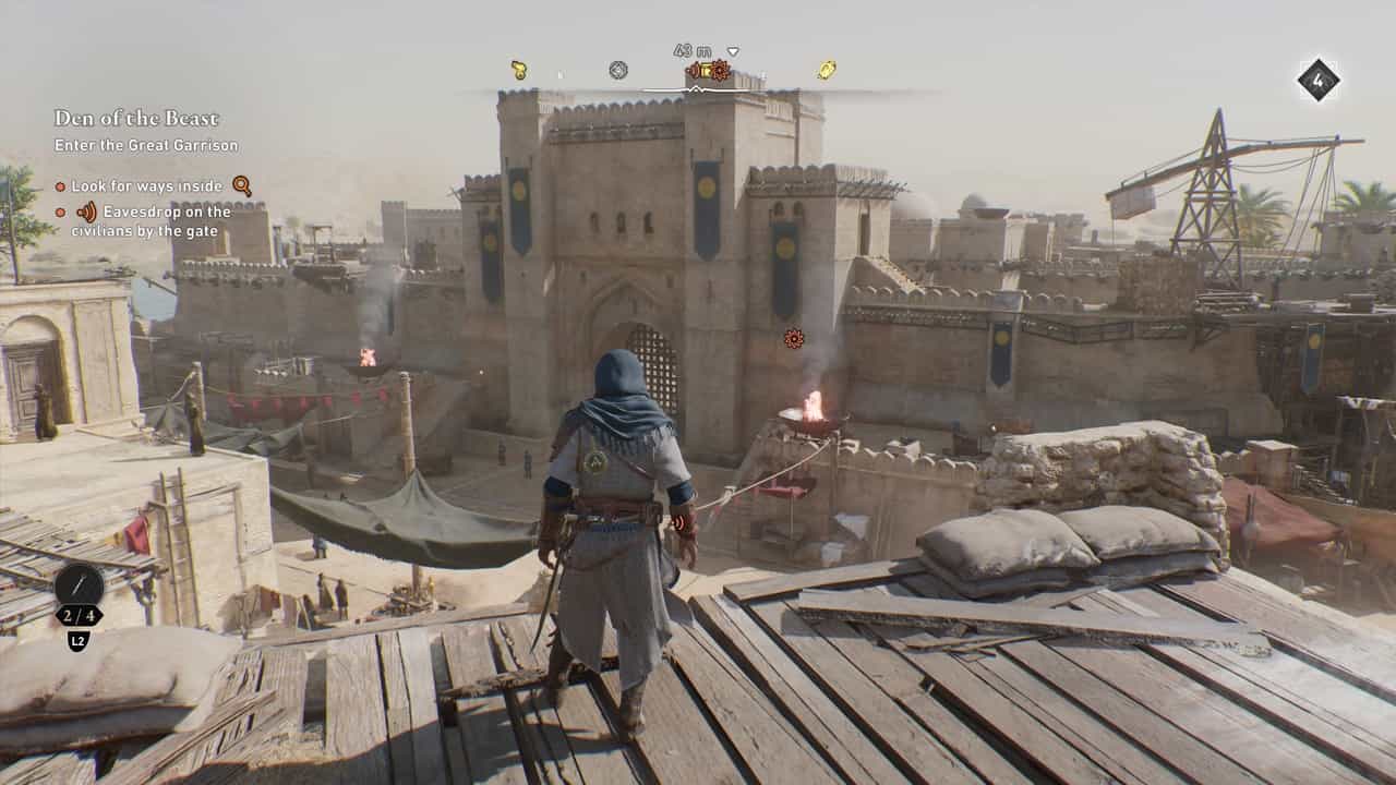Assassin’s Creed Mirage review: Basim looking over a garrison in Baghdad.