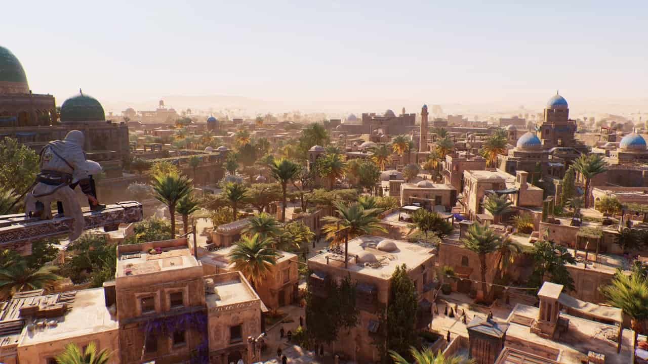 Assassin’s Creed Mirage review: Basim surveying Baghdad from above.
