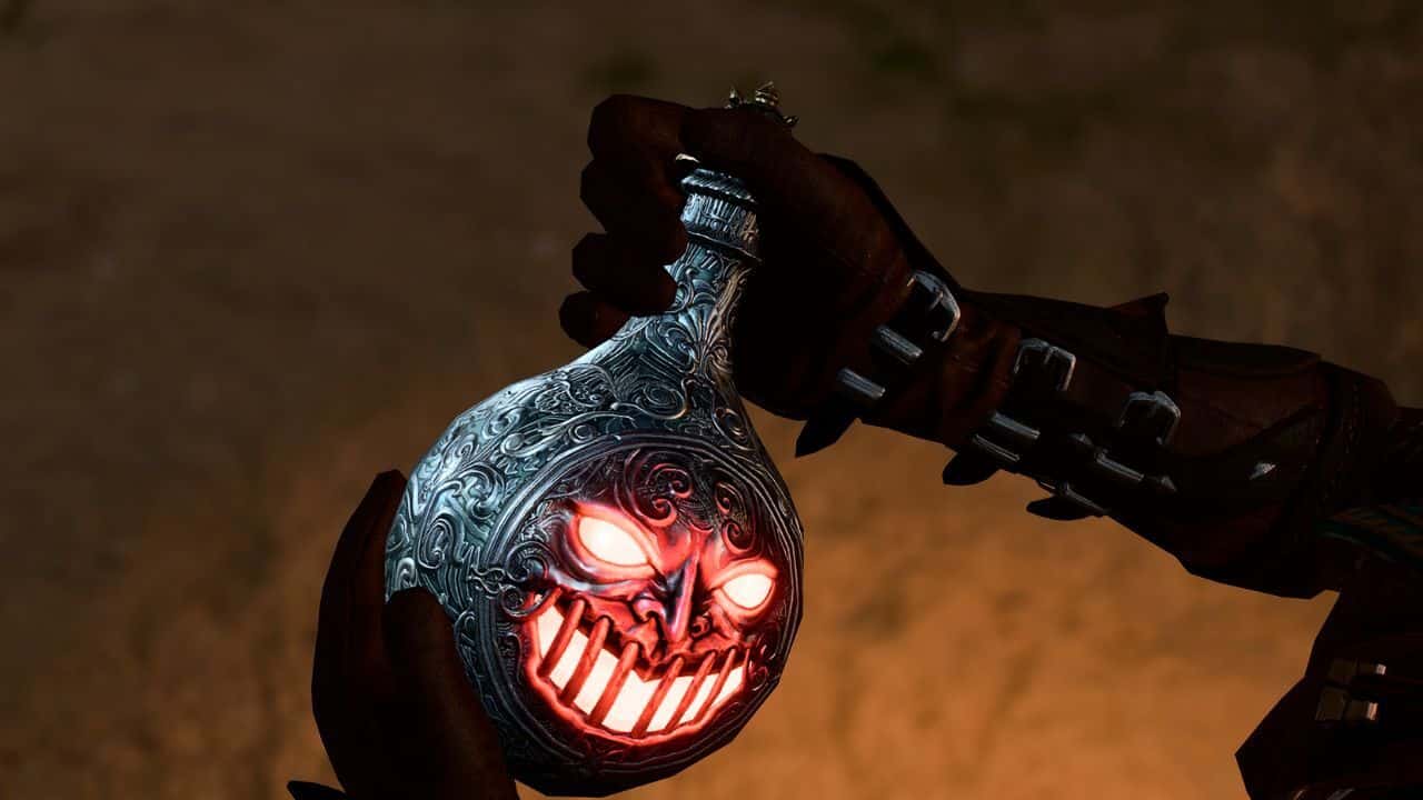 BG3 Iron Flask: A person holding a bottle with a skull on it.