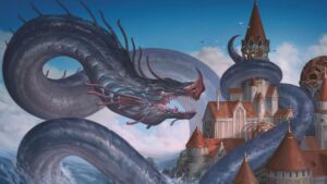 A budget-friendly painting of a dragon in front of a castle.