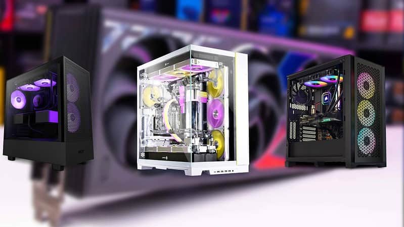 Three different custom desktop gaming PCs with rgb lighting and clear side panels, designed for the best RTX 4090 case, displayed against a blurred electronic store background.