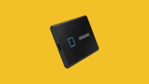Samsung tv box on a yellow background.