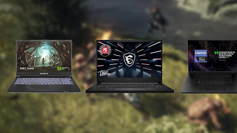 Three gaming laptops on a rocky surface, each displaying different gaming-related graphics including the best gaming laptop for Dragon's Dogma 2 on their screens.