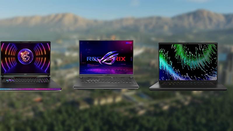 Three high-performance laptops, ideal for Cities Skylines 2, displaying colorful graphics, with a scenic mountain view in the background.