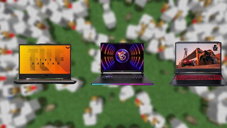 Three gaming laptops with colorful designs, perfect as the best laptop for Minecraft, displayed against a blurred background of numerous laptop keyboards.