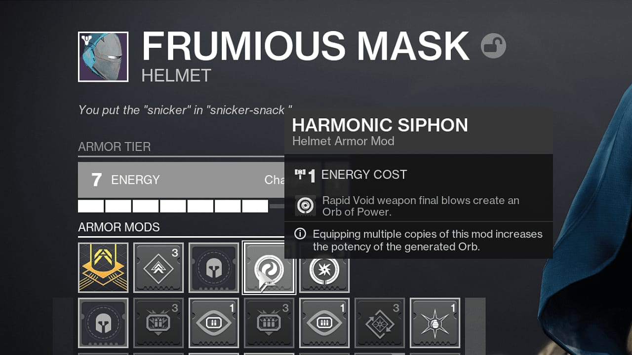 Destiny 2: How to create Orbs of Power: The Harmonic Siphon mod highlighted in-menu.