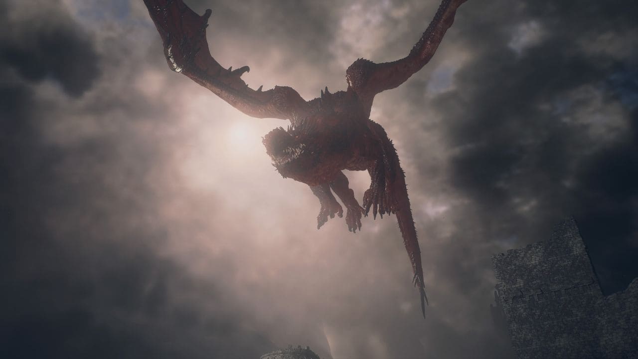 Dragon's Dogma 2 boss monsters: Dragon descending from the cloudy sky