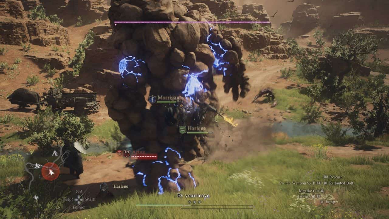 Dragon's Dogma 2 boss monsters: Player and pawns fighting golem in the desert