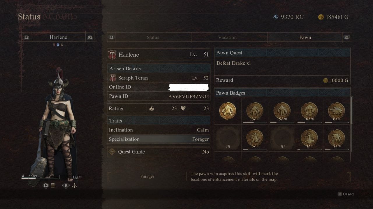 Dragon's Dogma 2 change pawn specialization: Main Pawn information menu showing Pawn's badges and specialization