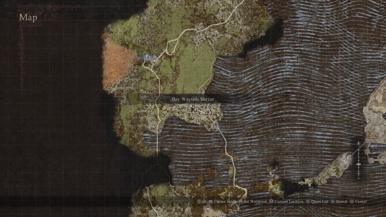 Dragon's Dogma 2 colossus: Map showing the location of the Bay Wayside Shrine