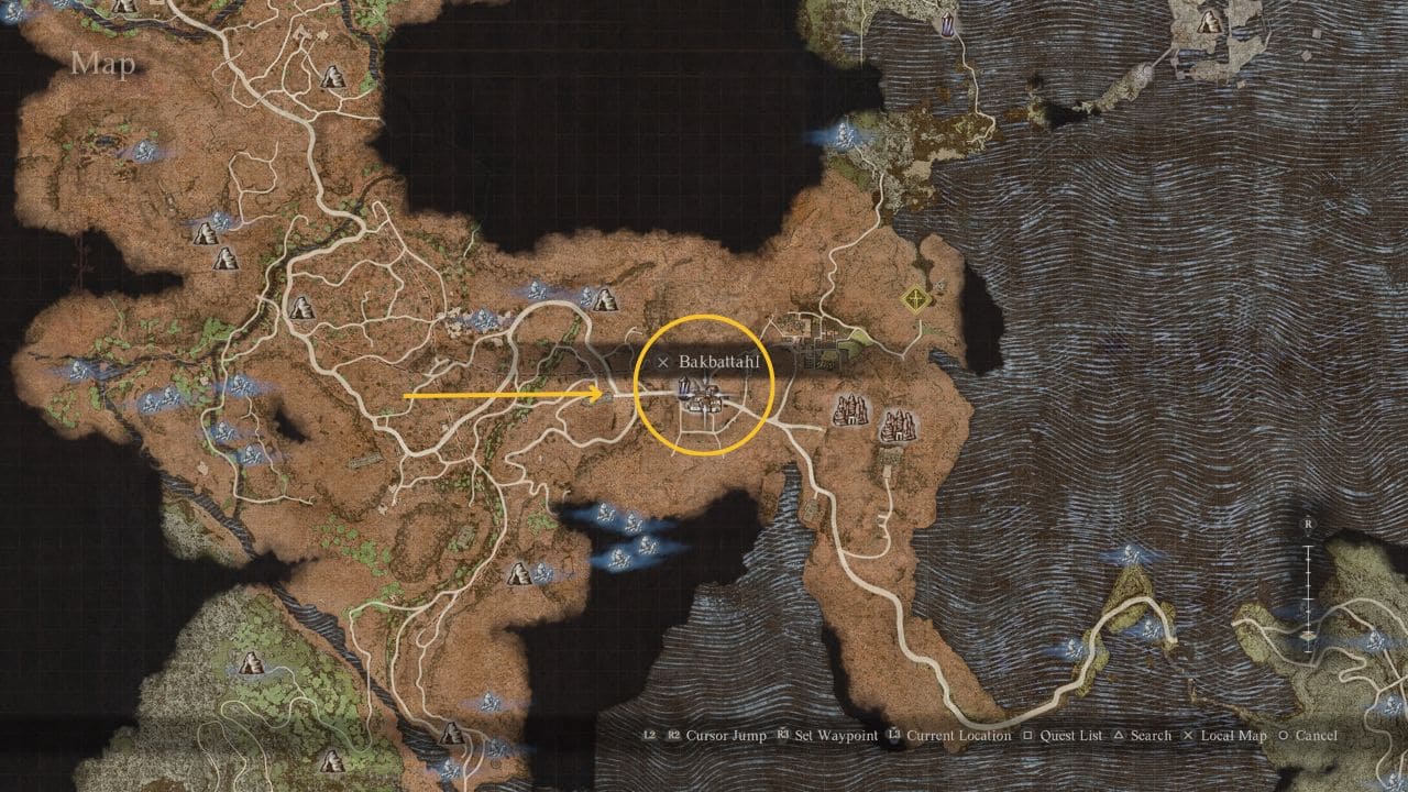 Dragon's Dogma 2 unlock Dwarven Smithing: Map showing the location of Bakbattahl in the battahl nation