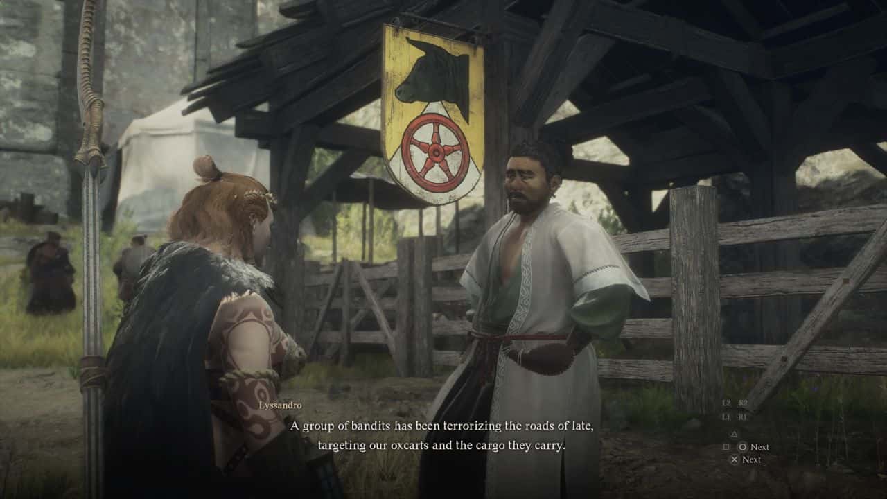 Dragon's Dogma 2 Mercy among thieves quest: Player speaking to Lyssandro next to oxcart stall in Checkpoint Rest Town