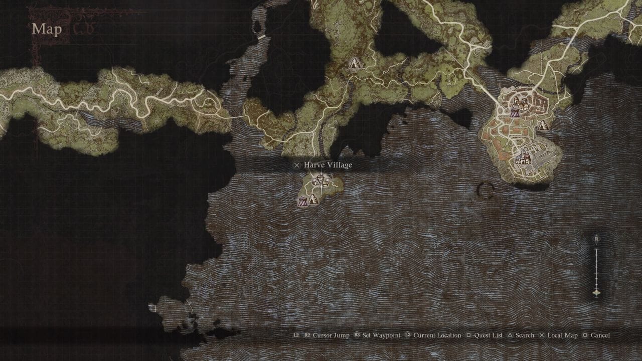 Dragon's Dogma 2 unlock mystic spearhand: Map showing the location of Harve.