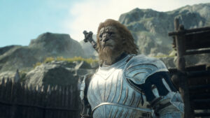 Dragon's Dogma 2 trophy list achivements: cat warrior with full armor below a sunny sky.