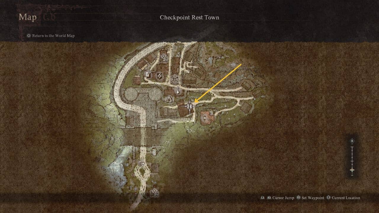 Dragon's Dogma 2 short-sighted ambtion: Map showing the location of the forgery shop in Checkpoint Rest Town