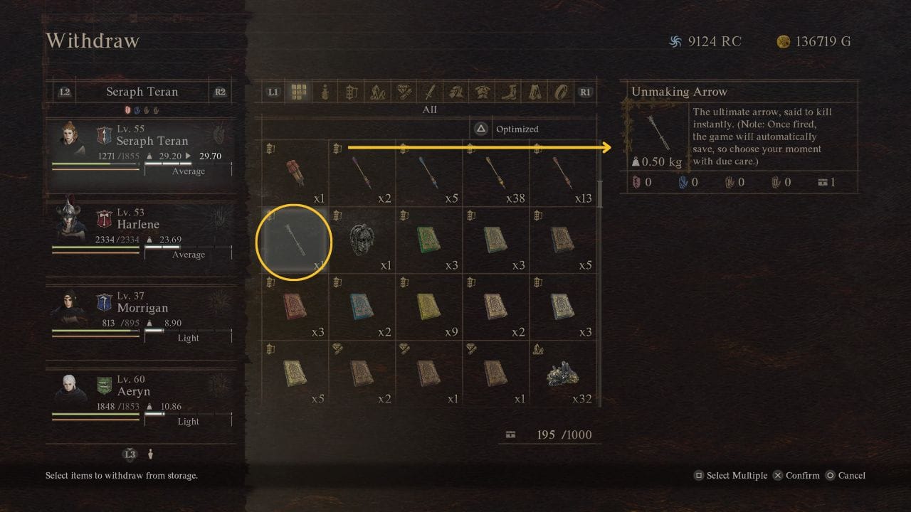 Dragon's Dogma 2 colossus: Unmaking arrow in player inventory and description