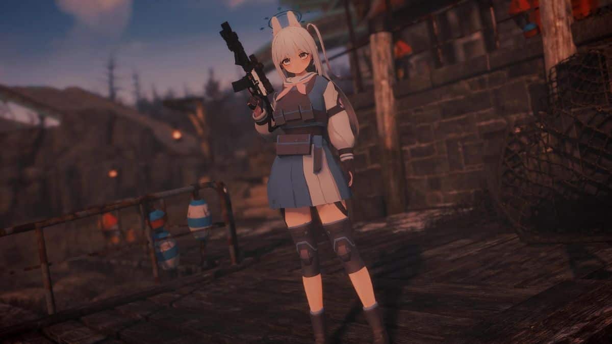 A girl standing on a dock with a gun, visibly enhanced by Fallout 4 mods.
