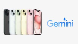 A group of iPhones with the word Gemini on them, showcasing advanced features like accessing Google on iOS.