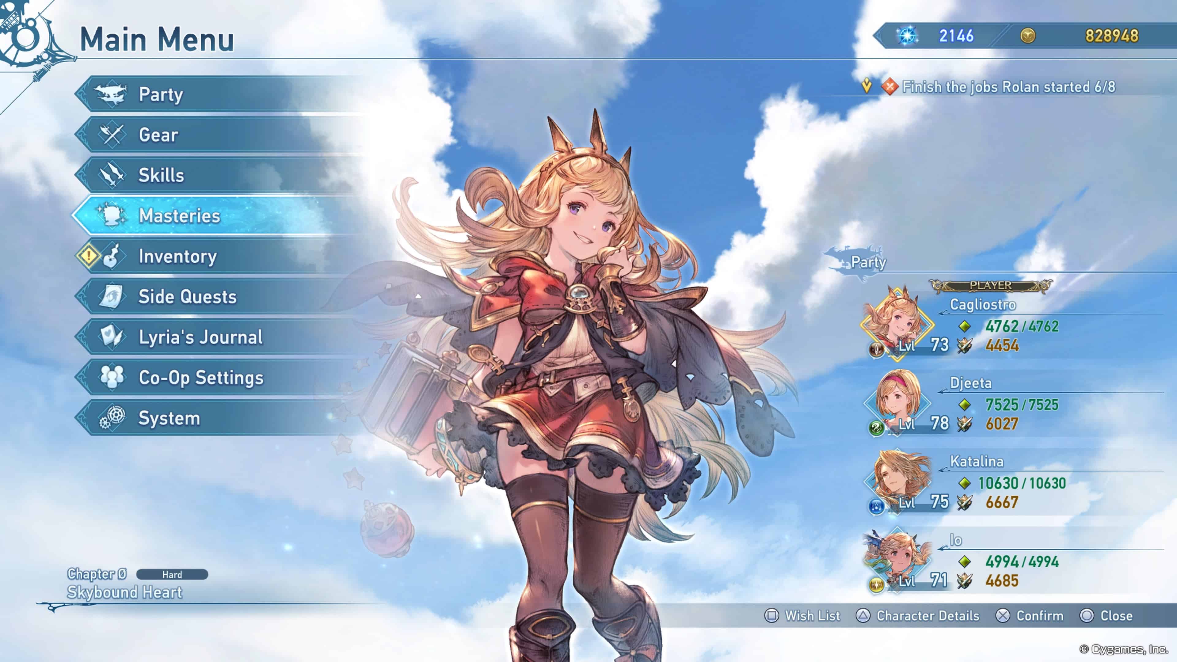Cagliostro in the main menu, showing the Masteries tab
