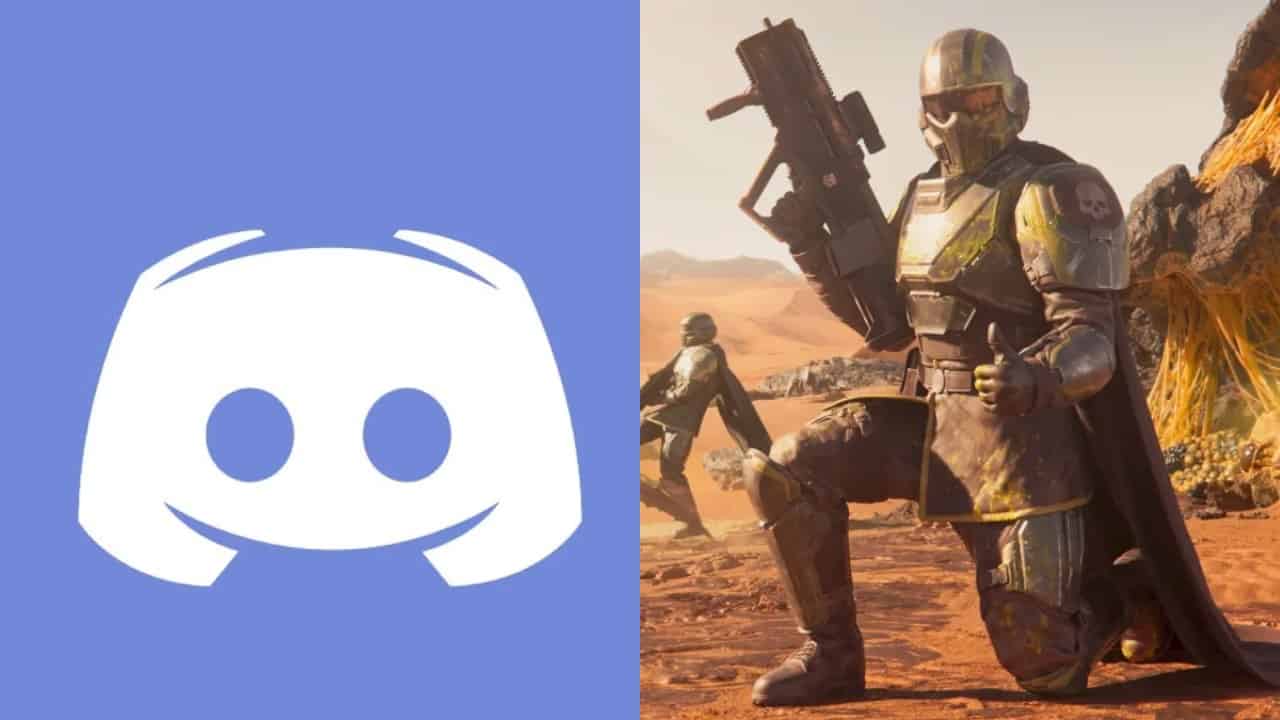Left: discord logo on a blue background. Right: two armored characters from Helldivers 2 in a desert setting.