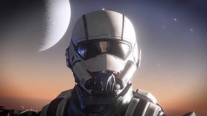 A man wearing a helmet is standing in front of a planet, eagerly awaiting the arrival of the anticipated Helldivers 2 patch.