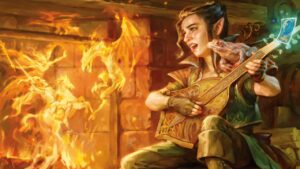 An elf playing a guitar by the fire while sharing sideboarding tips.
