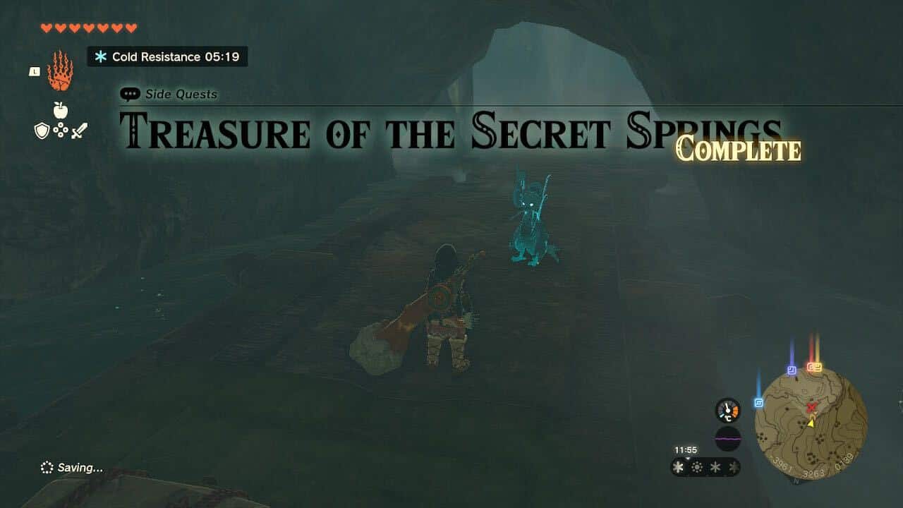 Tears of the Kingdom Treasure of the Secret Springs: Link in a cave. The text reads: "Side Quest - Treasure of the Secret Springs - Complete"