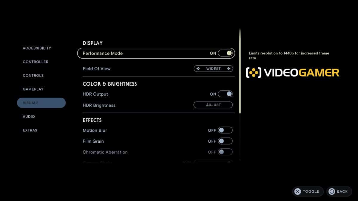 Jedi Survivor game settings showing Performance Mode switched on