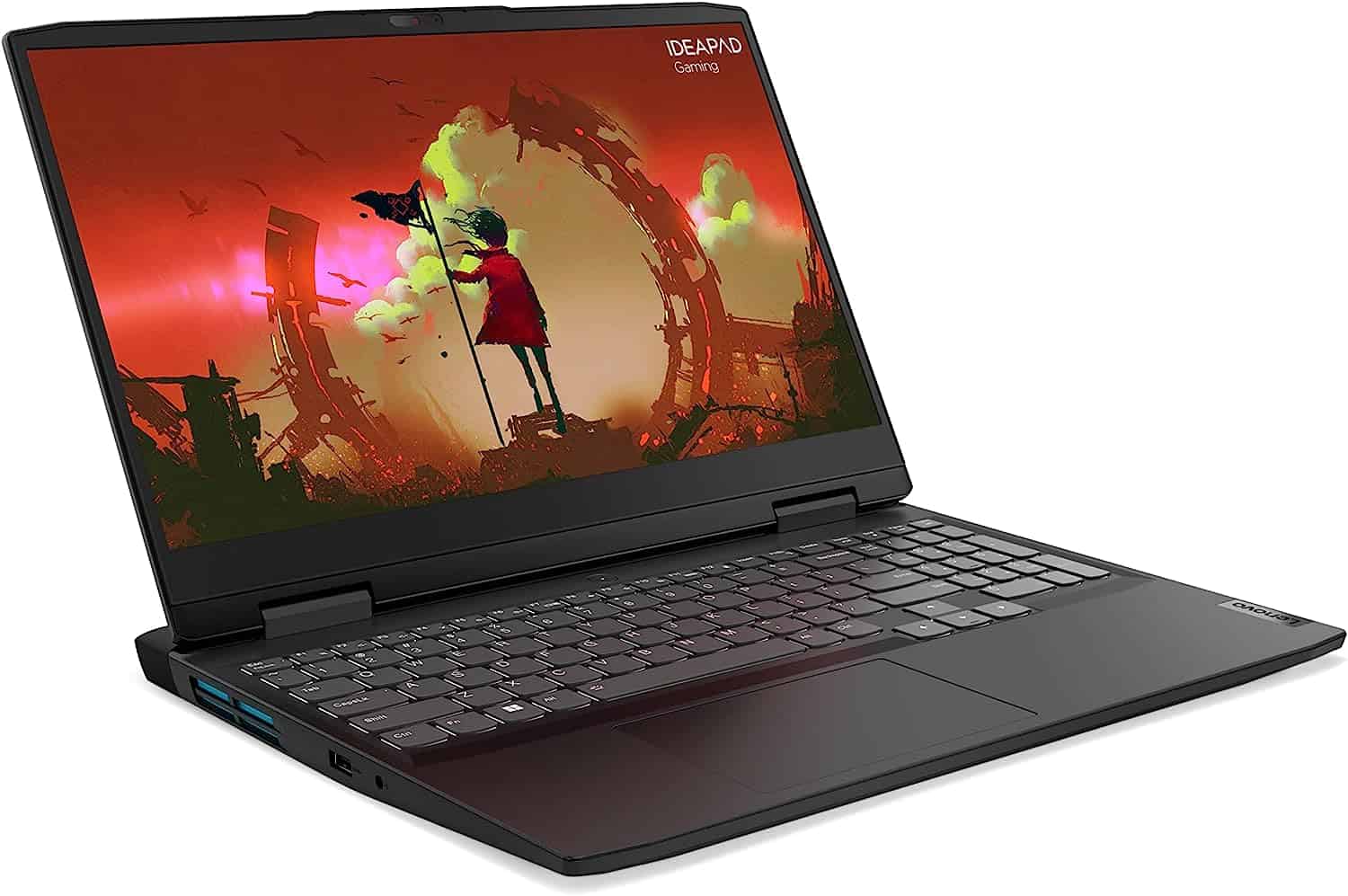 A Lenovo Ideapad Gaming 3 laptop with a black screen and an image of a woman.